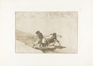 Falkens meget dygtige elev, svøbt i sin kappe, tricker tyren med legemets leg, tallerken 14 fra The Art of Tyrefighting af Francisco Jose de Goya y Lucientes