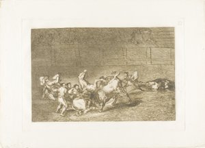 To hold picadorer kastet efter hinanden af en enkelt tyr, plade 32 fra The Art of Bullfighting af Francisco Jose de Goya y Lucientes