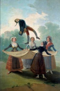 Unge kvinders marionet, der kaster en kludedukke i luften med en klud. Maleri af Francisco de Goya (1746-1828) 1792, søn. 1,6x2,67 m Madrid, Musee du Prado - Dukken. Unge piger kaster en kludedukke op med et lagen. Maleri af Francisco de Goya (1746-1828 af Francisco de Goya