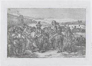 Plade 14: en stor gruppe mennesker udendørs, muligvis en gruppe skuespillere, fra serien o..., 1850.