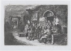 Tavle 18: gademusikanter og andre figurer uden for et værtshus, fra rækken af told ..., 1850.