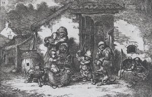 Plade 19: en familie og en dreng, der leger med en hund uden for et hus, fra serien af custom..., 1850.