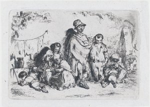 Plade 2: en gruppe mennesker på gaden, muligvis tiggere, fra rækken af told og..., 1850.