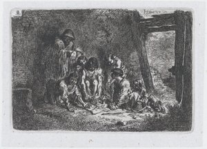 Plade 8: en gruppe figurer, hvoraf nogle spiller et spil, fra rækken af told og..., 1850.