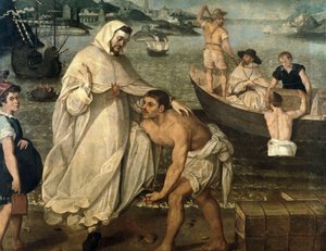 Sankt Peter Nolasque (1189-1256) går om bord for at befri kristne fanger holdt som gidsler af mauriske pirater for at blive solgt som slaver i Afrika (maleri)