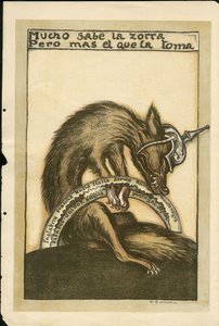 Illustration af Francisco Sancha Lengo (1874-1936) - Flyvende blad, ca. 1915 - Mucho sabe la zorra pero mal el que la toma - 14-18-krigen, Tyskland Preussen, krigerister og symboler, allierede, spansk sprog, udenlandsk presse - ræv -, obstruktion, animatio af Francisco Sancha y Lengo
