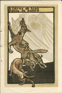 Illustration af Francisco Sancha Lengo (1874-1936) - Flyvende blad, ca. 1915 - A carne de lobo diente de perro - Krigen 14 -18, Tyskland Preussen, England Storbritannien, krigerister og symboler, Frankrig, spansk sprog, udenlandsk presse - Vilhelm II, Hund af Francisco Sancha y Lengo