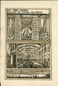 Illustration af Francisco Sancha Lengo (1874-1936) - Flyvende blad, ca. 1915 - En casa llena presto se guisa la cena - Krigen 14 -18, Kanoner, granater, Industrifabrikker, Spansk sprog, Mobilisering, Udenlandsk presse af Francisco Sancha y Lengo