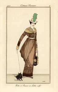 Kvinde i kurvekjole i kaffefarvet satin med hund, radering fra Tommaso Antonginis Journal des Dames et des Modes, Aux Bureaux du Journal des Dames, Paris