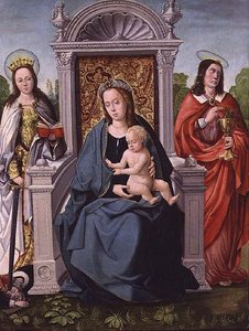 Madonna og barn med St. Catherine og St. John the Evangelist, ca. 1530-40 (panel) af Francisco de (attr. to) Comontes