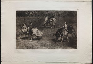 Tyrefægtning: En tyrefægter monteret på en assistents skuldre, spyd en tyr, 1876. af Francisco de Goya
