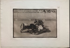 Tyrefægtning: En Picador er unhorsed og falder under Tyren af Francisco de Goya