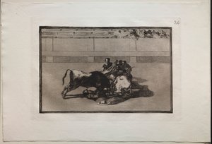 Tyrefights: A Picador is Unhorsed and Falls Under the Bull, 1876. af Francisco de Goya