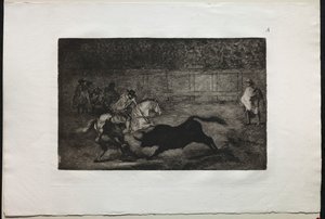 Tyrefægtning: En spansk ridder, der knækker korte spyd med hjælp fra assistenter, 1876. af Francisco de Goya