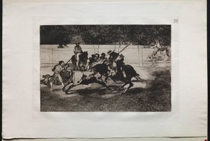 Tyrefights: The Forceful Rendon Stabs a Bull with the Pique, From which Pass he died..., 1876. af Francisco de Goya