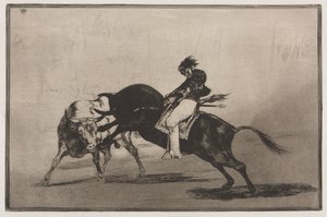 Tyrefægtning: Den samme Ceballos monteret på en anden tyr bryder korte spyd i ringen i Madrid af Francisco de Goya