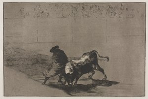 Tyrefights: The Very Skilful Student of Falces, Wrapped in his Cape, Tricks the Bull..., 1876. af Francisco de Goya
