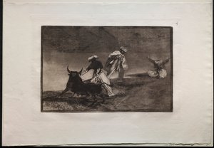 Tyrefægtning: De spiller en anden med kappen i en indhegning af Francisco de Goya