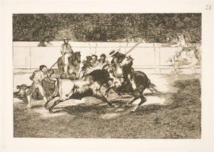 Den kraftfulde Rendon stanger en tyr med lansen, udfaldet, der forårsagede hans død i arenaen i Madrid af Francisco de Goya
