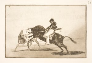 Den samme Ceballos, siddende på ryggen af en anden tyr, brækker korte spyd i arenaen i Madrid af Francisco de Goya