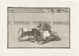 En picador er blevet væltet af sin hest og ligger under tyren Caida de un picador de su caballo debajo del toro La Tauromaquia (serietitel) Tyrefægtning (serietitel) af Francisco de Goya