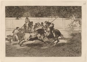 Den kraftfulde Rendon, der bider en tyr, af hvis skæbne han døde på Madrid-pladsen (The Forceful Rendon Stabs a Bull with the Pique, from which Pass He Died in the Ring at Madrid) af Francisco de Goya