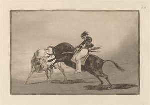 Den samme Ceballos monteret på en anden tyr bryder Rejones på Plaza de Madrid (Den samme Ceballos monteret på en anden tyr bryder korte spyd i ringen i Madrid) af Francisco de Goya