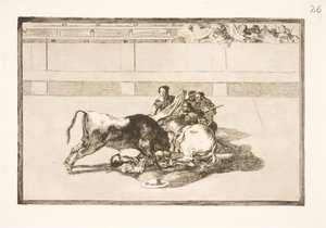 En picador bliver kastet af hesten og styrter under tyren af Francisco de Goya
