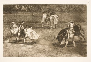 En tyrefægter, siddende på skuldrene af en hjælper, stanger en tyr af Francisco de Goya