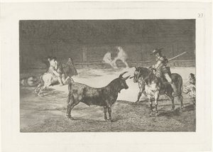 Fernando del Toro daagt en stier ud Den berømte Fernando del Toro, barilarguero, tvinger udyret med sin stang Tyrefægtning (serietitel) Stierenvechten (serietitel) af Francisco de Goya