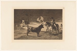 Fernando del Toro daagt en stier ud Den berømte Fernando del Toro, barilarguero, tvinger udyret med sin stang Stierengevechten (serietitel) La Taureamachie (serietitel) Tyrefægtning (serietitel) af Francisco de Goya