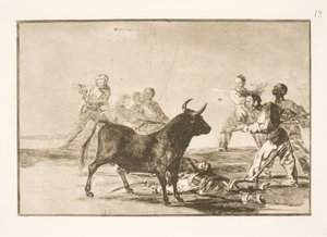 Folket stækker tyren med lanser, segl, banderillaer og andre våben af Francisco de Goya