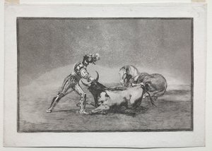 La Tauramaquia: En spansk ridder dræber tyren efter at have mistet sin hest, 1815-1816. af Francisco de Goya