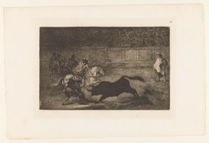 Mand til hest stikker sin lanse ind i en tyr Un cavalier espagnol brisant des 