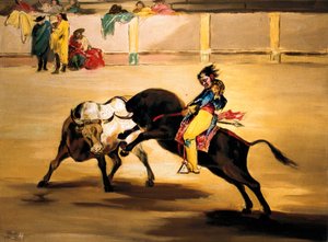 Mariano Ceballos kaldet "indianeren" på ryggen af en tyr knækker sin gedde i Madrids arenaer, ca. 1810 (maleri) af Francisco de Goya