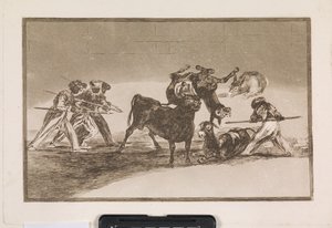 Maurerne benytter æsler som barriere for at forsvare sig mod tyren, hvis horn er blevet forsynet med kugler af Francisco de Goya