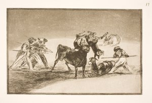 Maurerne benytter æsler som barriere for at forsvare sig mod tyren, hvis horn er blevet forsynet med kugler af Francisco de Goya