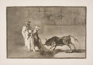 Maurerne i arenaen gør sig umage for at tiltrække sig tyren ved hjælp af deres burnus af Francisco de Goya