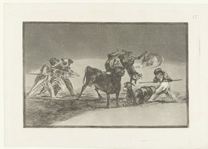 Maurer og æsler kæmper mod en tyr Palenque de los Moros hecho con burros para defenderse del toro embolado La Tauromaquia (serietitel) Tyrefægtning (serietitel) af Francisco de Goya