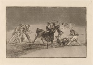 Palenque de los moros hecho con burros para defenderse del toro embolado (Maurerne bruger æsler som en barriere for at forsvare sig mod tyren, hvis horn er blevet væltet med bolde) af Francisco de Goya