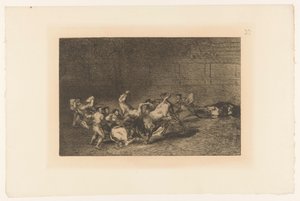 Picador steekt een lans i en stier To grupper af picadorer kørt over på rad af en enkelt tyr Stierengevechten (serietitel) La Taureamachie (serietitel) Tyrefægtning (serietitel) af Francisco de Goya