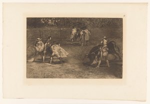 Picador stikker sin lanse ind i en tyr Un torero monte sur les épaules d