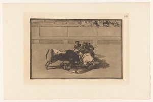 Picador faldt af sin hest Caida de un picador de su caballo debajo del toro Tyrefægtning (serietitel) La Taureaumachie (serietitel) La Tauromaquia (serietitel) af Francisco de Goya