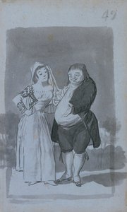 Prostitueret anmoder om en fed, grim mand recto, 1796-97. af Francisco de Goya