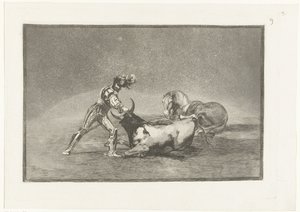 Spanse rider doody på stier En spansk ridder dræber en tyr efter at have mistet sin hest Stierenvechten (serietitel) Tyrefægtning (serietitel) af Francisco de Goya