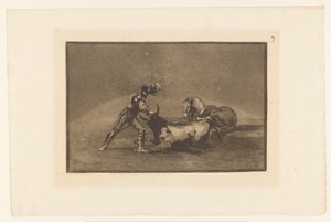 Spanse rider doodt en stier En spansk ridder dræber en tyr efter at have mistet sin hest Stierengevechten (serietitel) La Taureamachie (serietitel) Tyrefægtning (serietitel) af Francisco de Goya