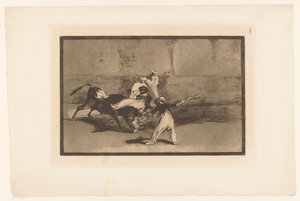 Tyren bliver grebet af tyrefægtere Cogida de un Moro estando en la plaza Tyrefægtning (serietitel) La Taureaumachie (serietitel) La Tauromaquia (serietitel) af Francisco de Goya