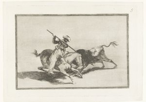 Stierenjacht te paard Den livlige Moro Gazul er den første, der spyd tyre i rækkefølge Tyrefægtning (serietitel) Stierenvechten (serietitel) af Francisco de Goya