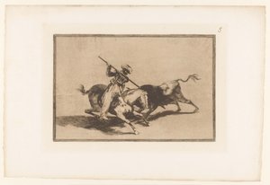 Stierenjacht te paard Den livlige moro gazul er den første til at spyd tyre i rækkefølge Stierengevechten (serietitel) La Taureamachie (serietitel) Tyrefægtning (serietitel) af Francisco de Goya