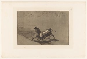 Stierenvechter i sandet Falces dygtige elev, i kappe, håner tyren med sine løbeture Stierengevechten (serietitel) La Taureamachie (serietitel) Tyrefægtning (serietitel) af Francisco de Goya